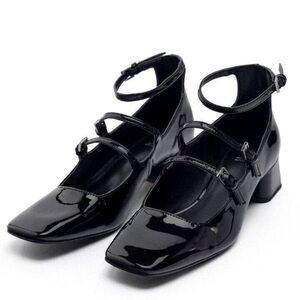 Zara Black Patent Triple-Strap Mary Jane Block Heel